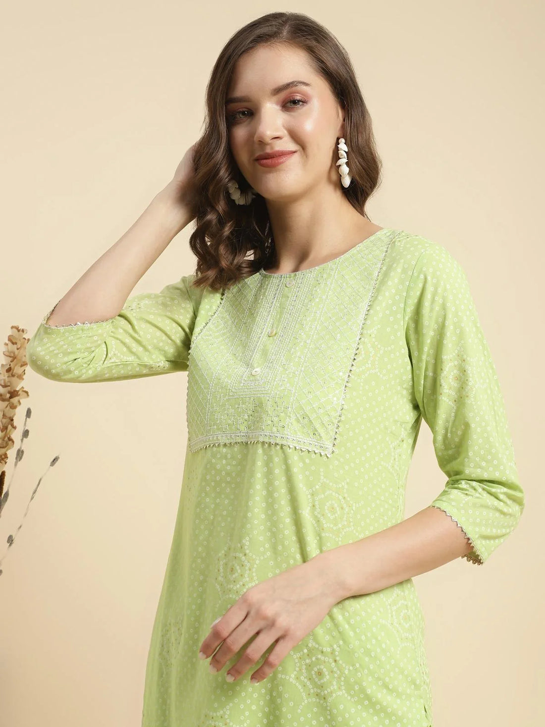 Buy Cotton Embroidered Knee Length Straight Kurta With Pant-Green