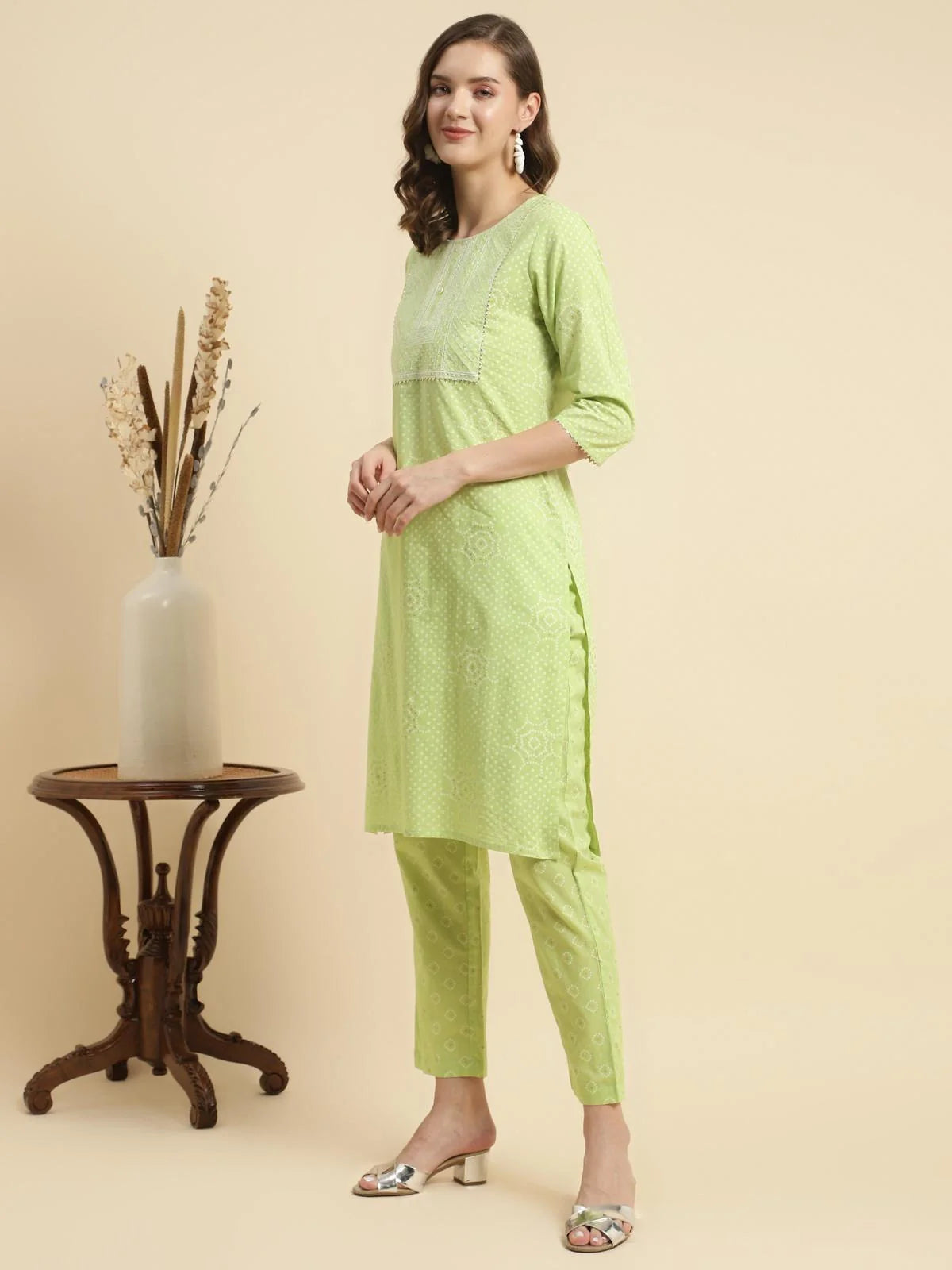 Buy Cotton Embroidered Knee Length Straight Kurta With Pant-Green