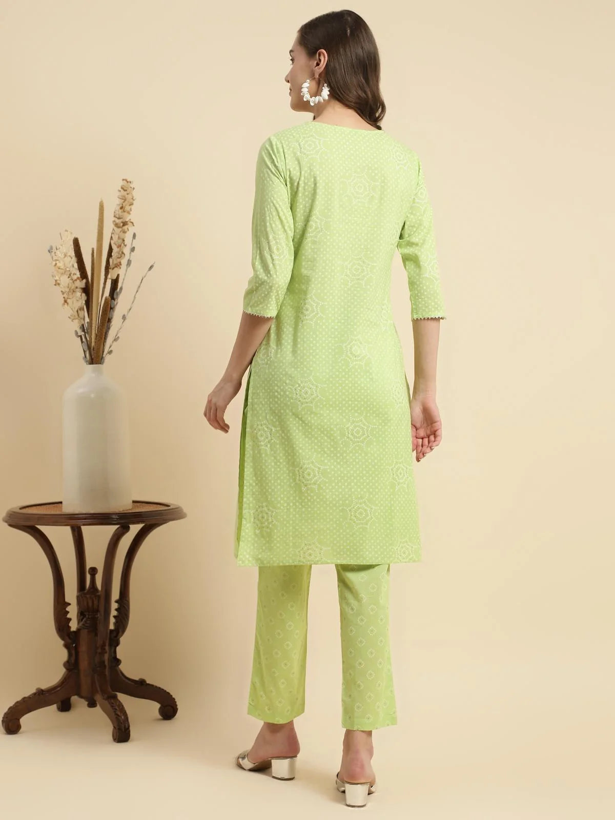 Buy Cotton Embroidered Knee Length Straight Kurta With Pant-Green