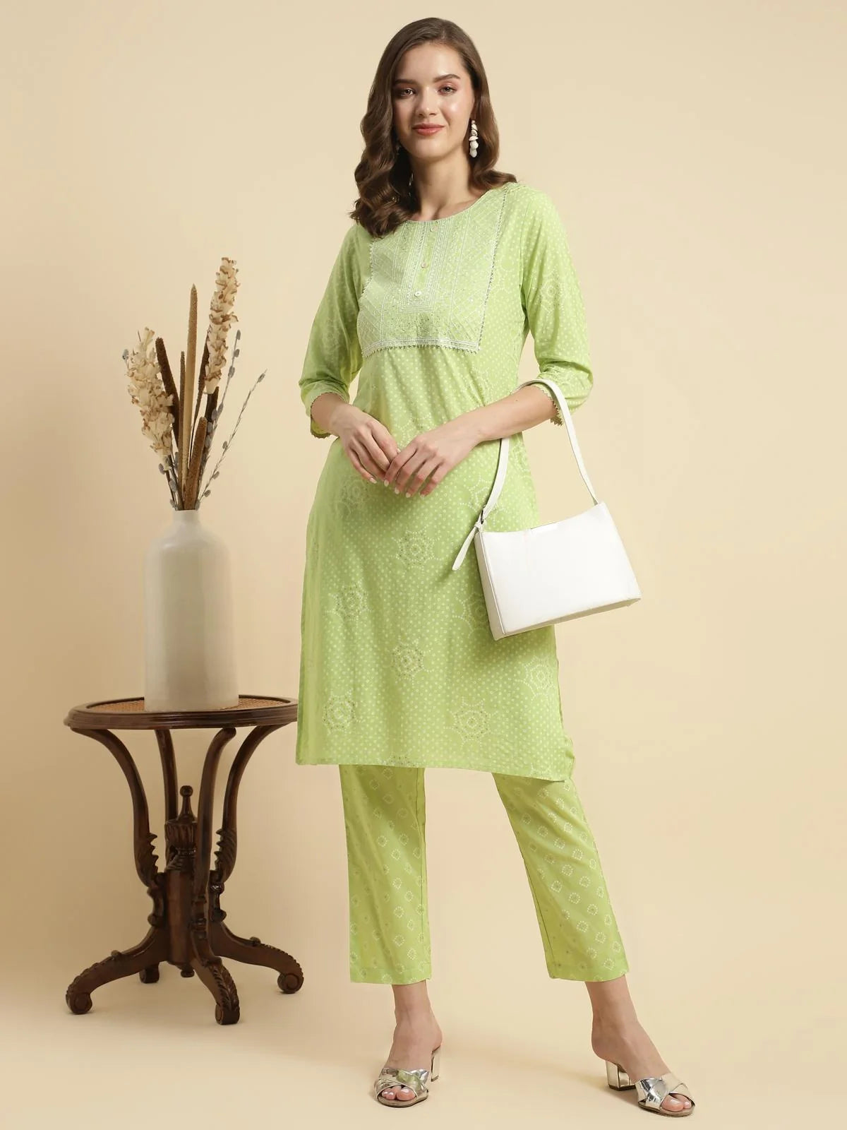 Buy Cotton Embroidered Knee Length Straight Kurta With Pant-Green