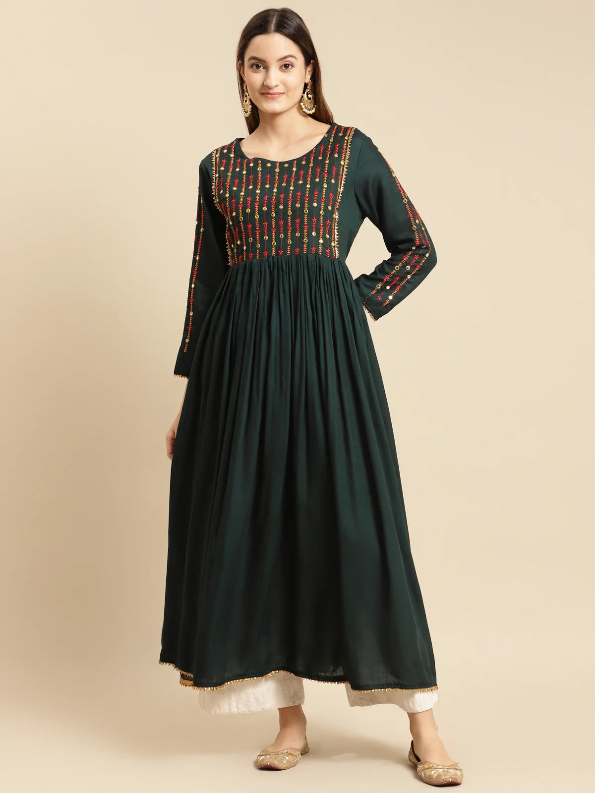 Buy Rayon Yoke Embroidered Calf Length Kurta Gathered At Waist-Green