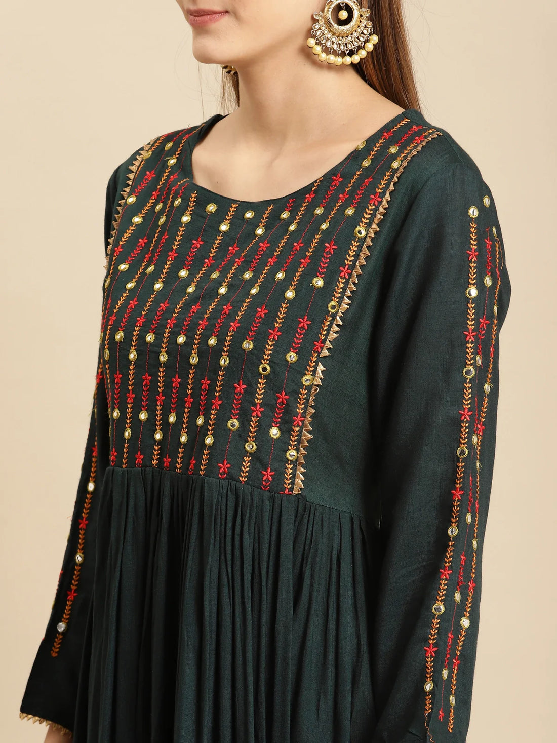 Buy Rayon Yoke Embroidered Calf Length Kurta Gathered At Waist-Green