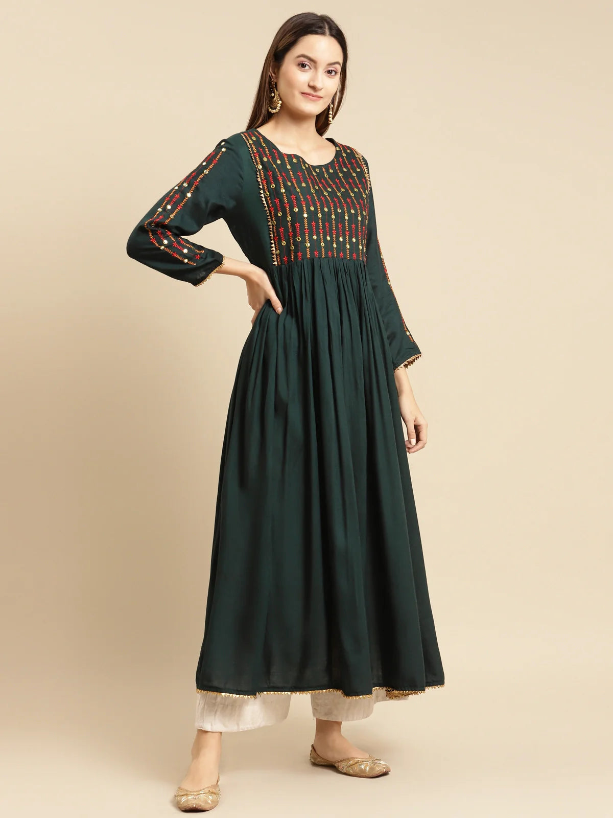 Buy Rayon Yoke Embroidered Calf Length Kurta Gathered At Waist-Green