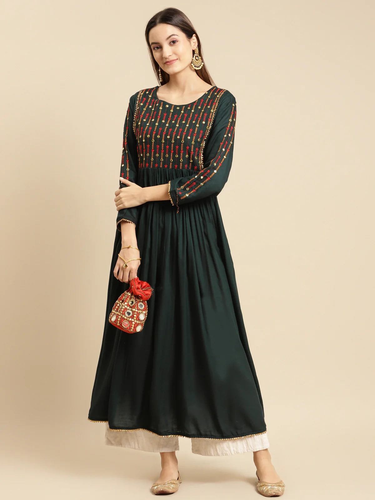 Buy Rayon Yoke Embroidered Calf Length Kurta Gathered At Waist-Green