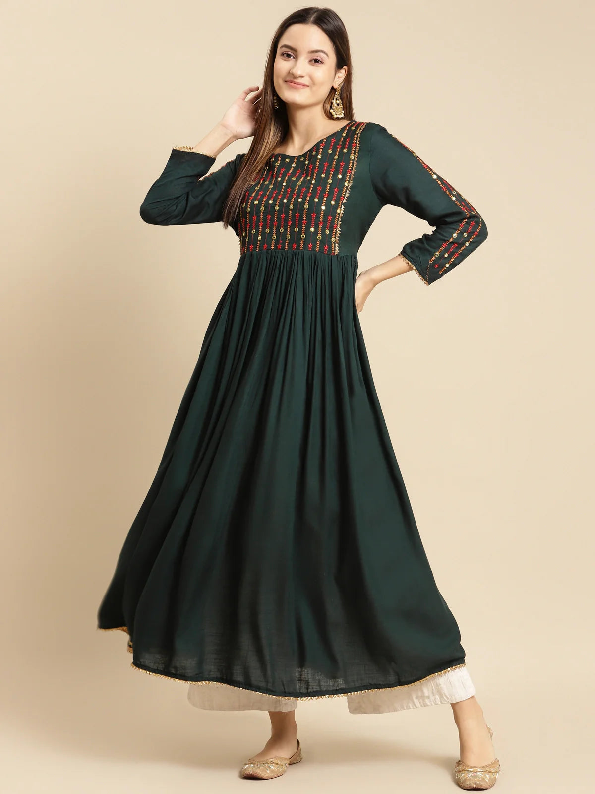 Buy Rayon Yoke Embroidered Calf Length Kurta Gathered At Waist-Green