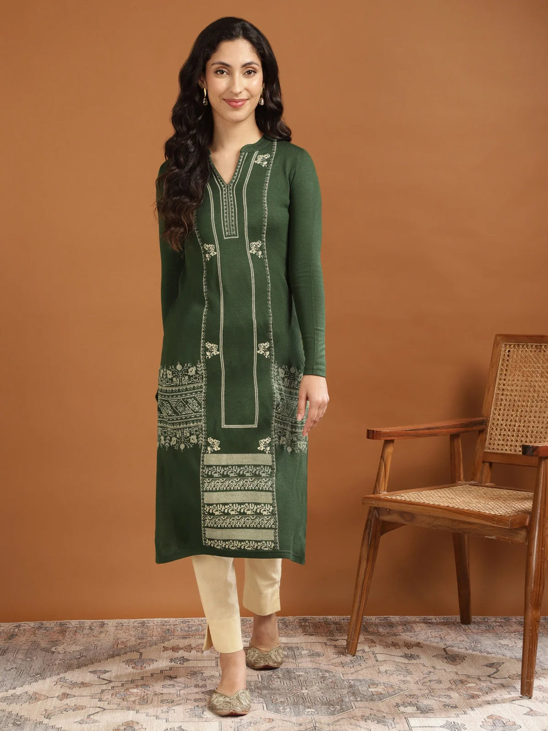 Buy Acrylic Printed Calf Length Straight Winter Kurta-Green