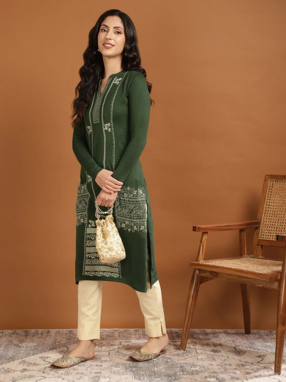 Buy Acrylic Printed Calf Length Straight Winter Kurta-Green