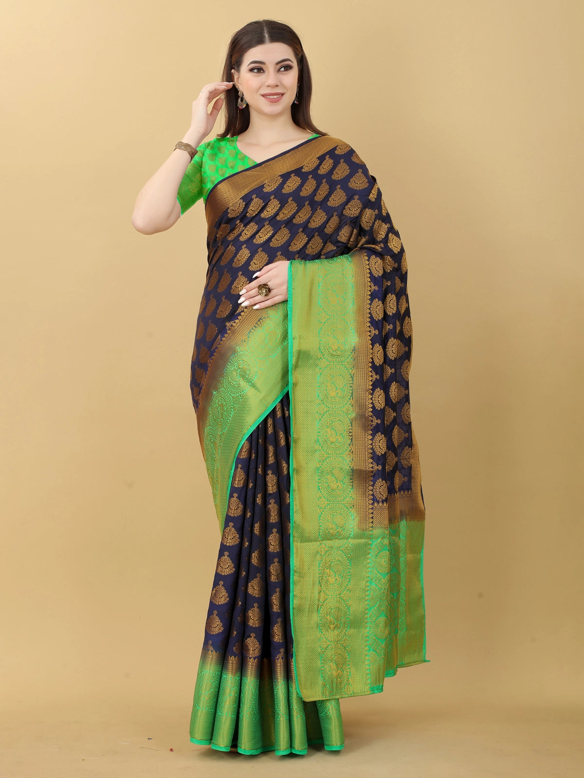 Buy Kanjivaram Silk Zari Work Saree With Blouse Piece-Navy Blue