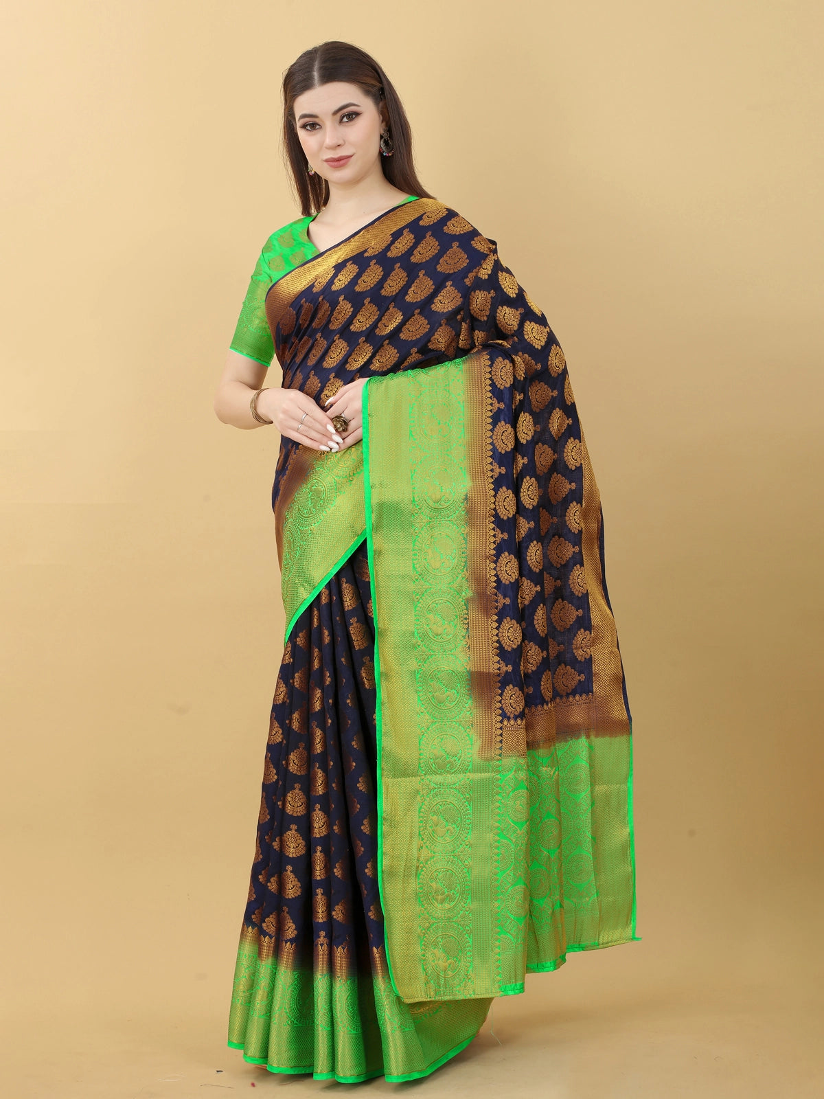 Buy Kanjivaram Silk Zari Work Saree With Blouse Piece-Navy Blue