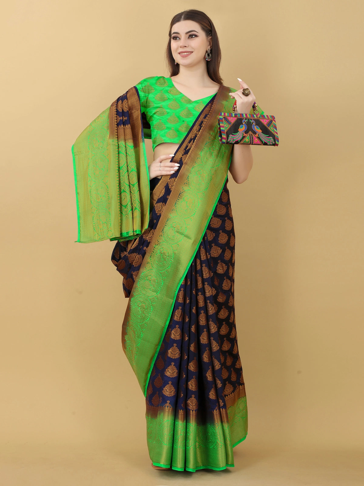 Buy Kanjivaram Silk Zari Work Saree With Blouse Piece-Navy Blue