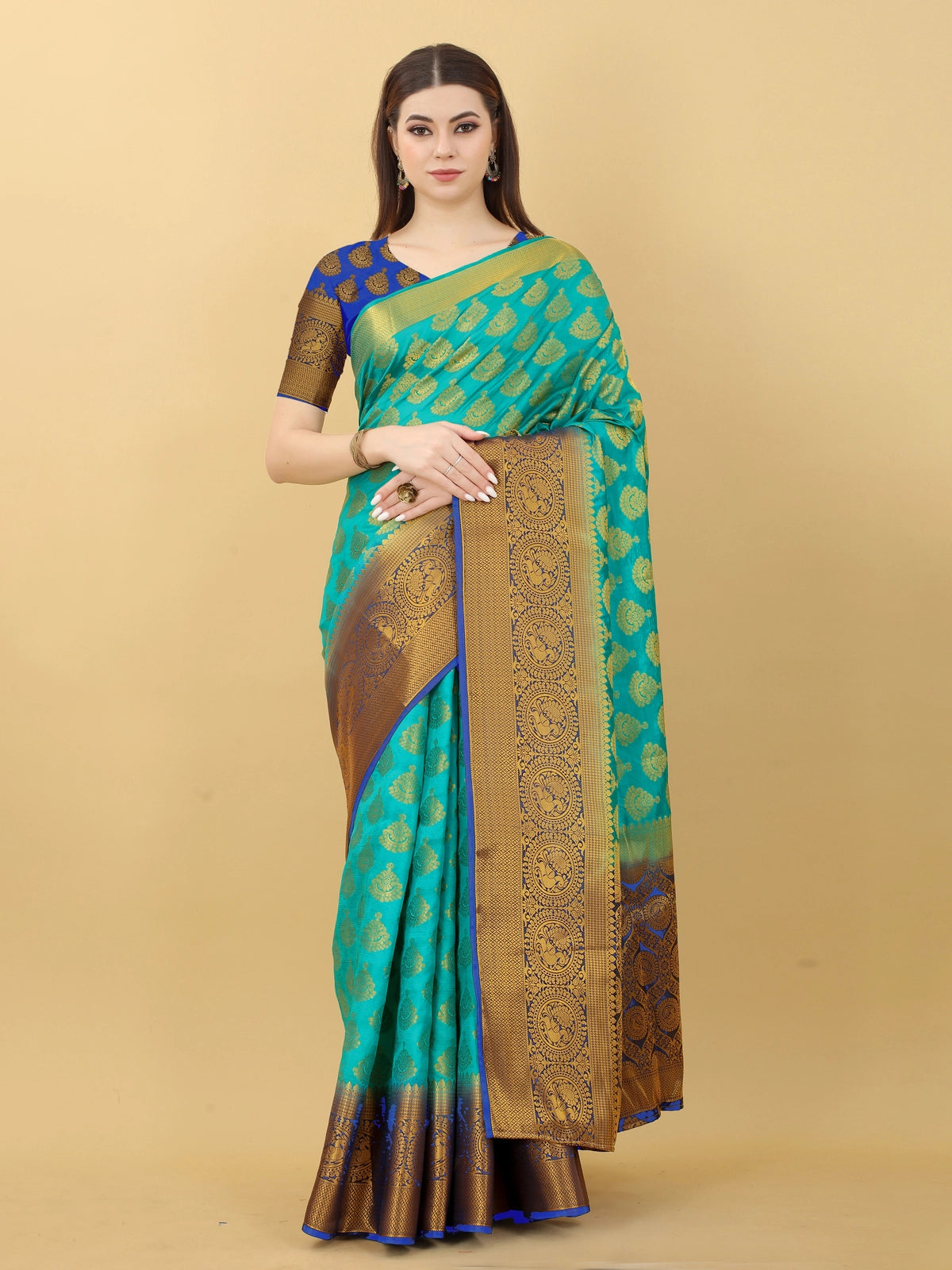 Buy Kanjivaram Silk Zari Work Saree With Blouse Piece-Navy Blue