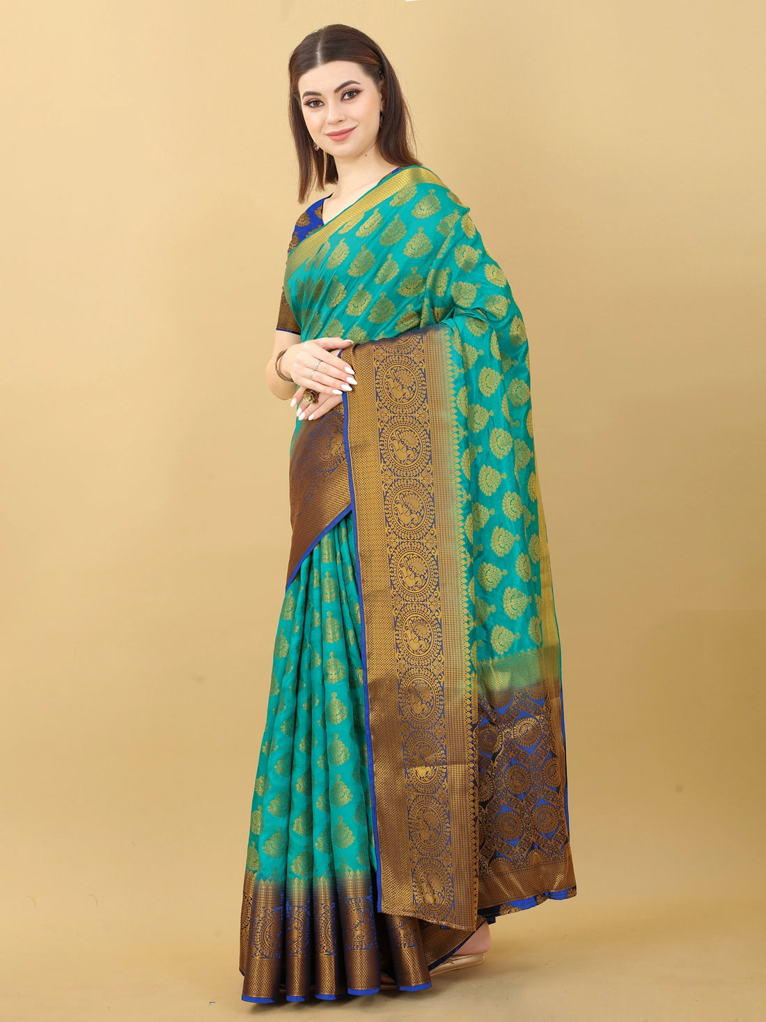 Buy Kanjivaram Silk Zari Work Saree With Blouse Piece-Navy Blue