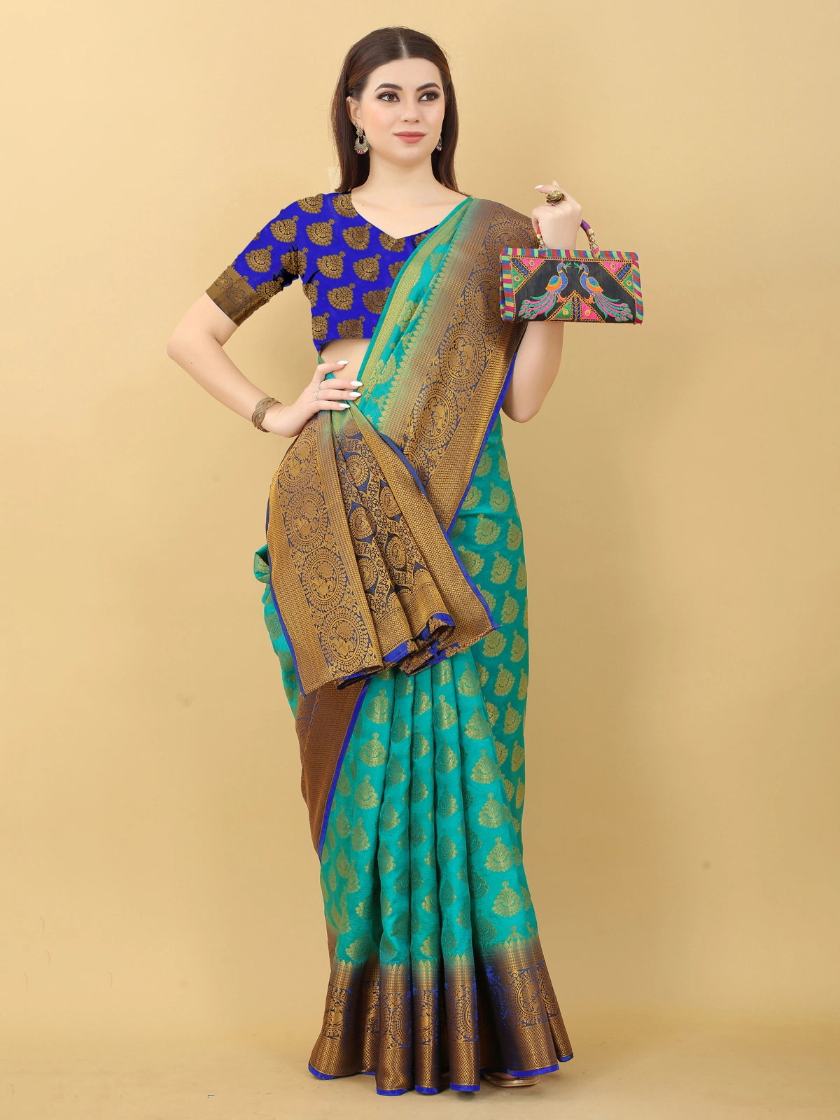 Buy Kanjivaram Silk Zari Work Saree With Blouse Piece-Navy Blue