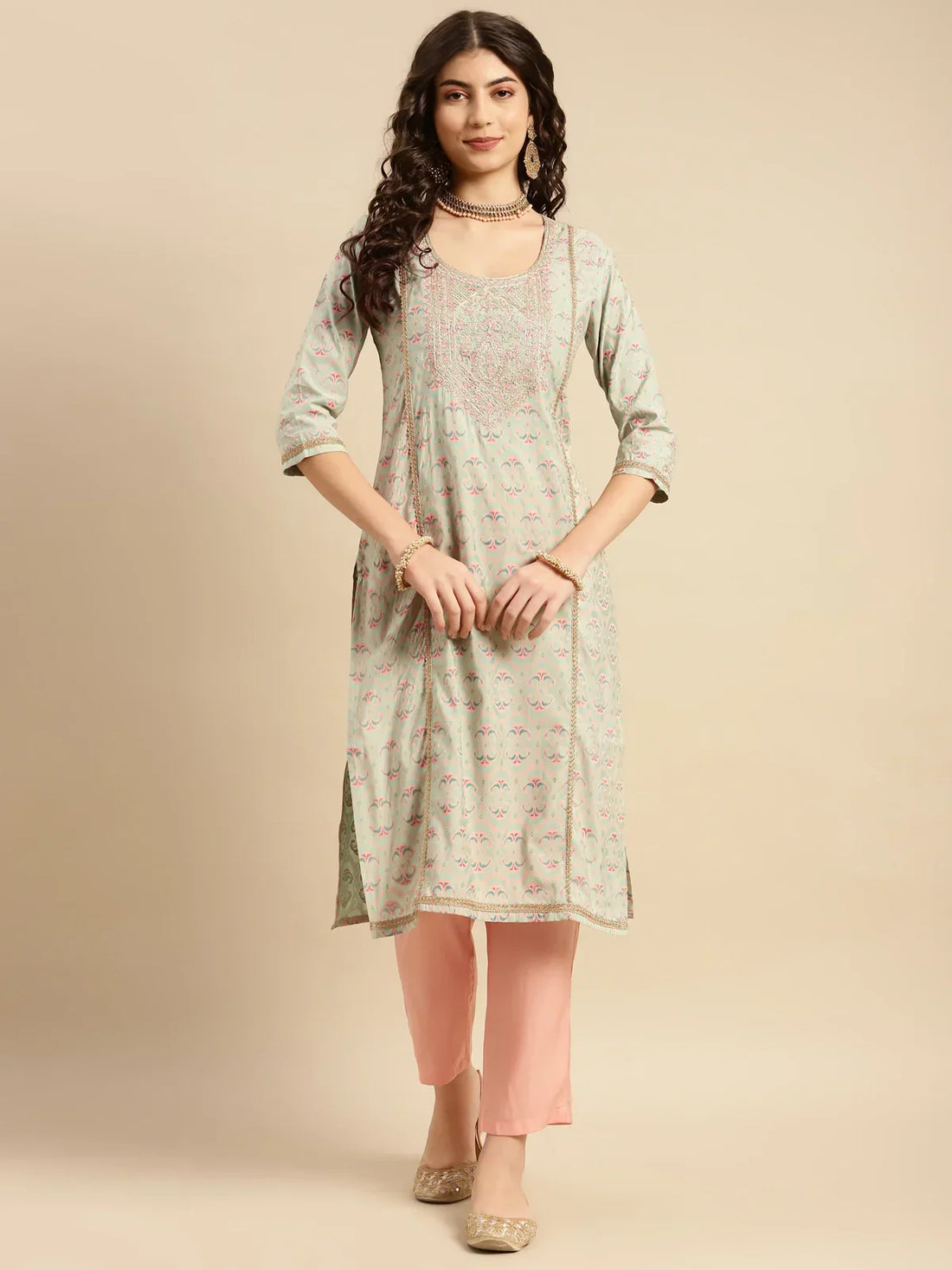 Buy Embroidered Print Calf Length Partywear Straight Kurta With Pant-Green