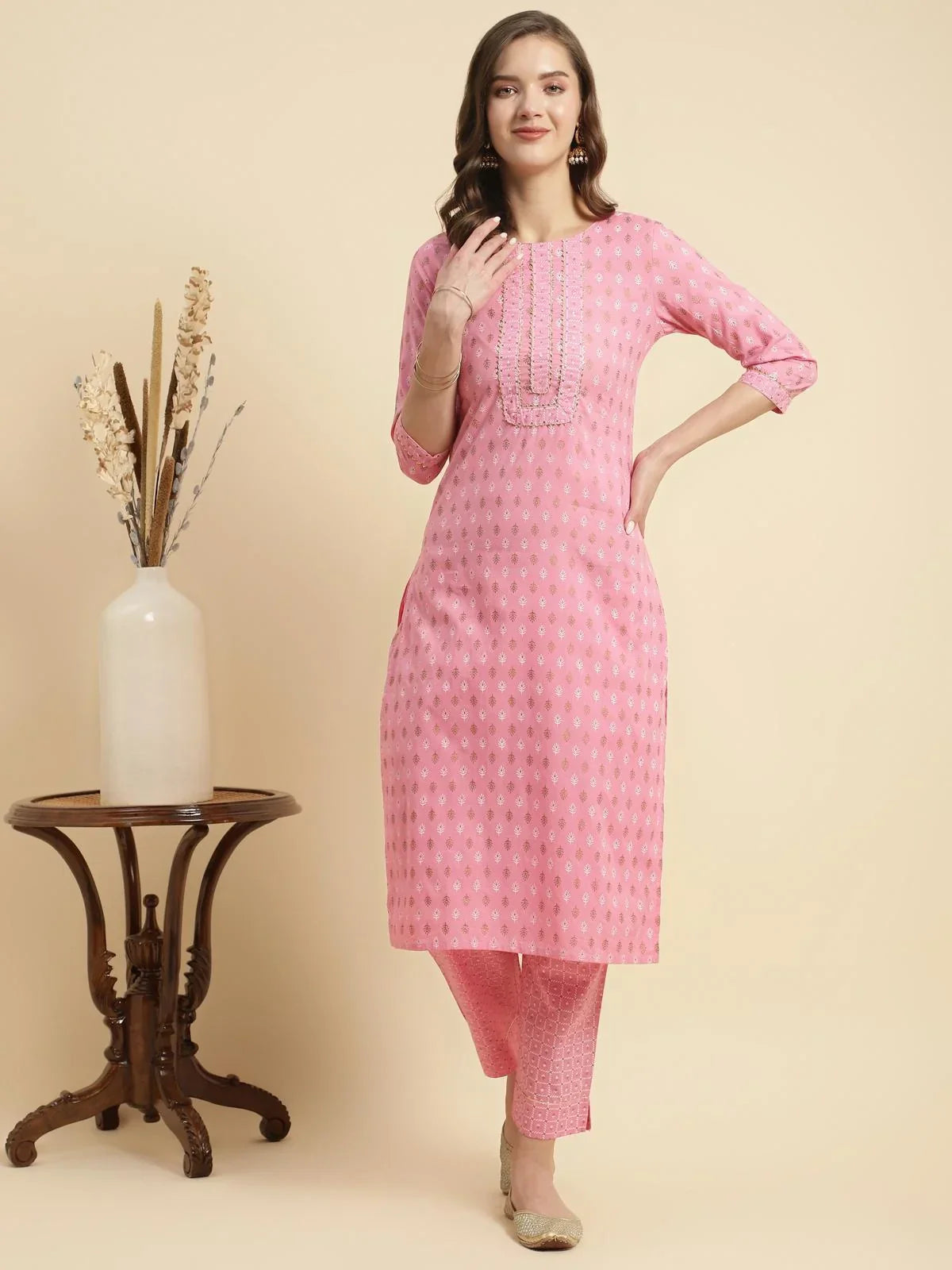 Buy Cotton Printed Calf Length Straight Kurta With Pant-Pink