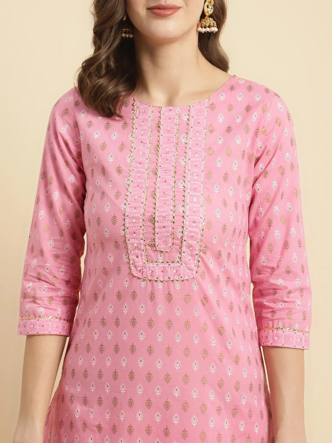 Buy Cotton Printed Calf Length Straight Kurta With Pant-Pink