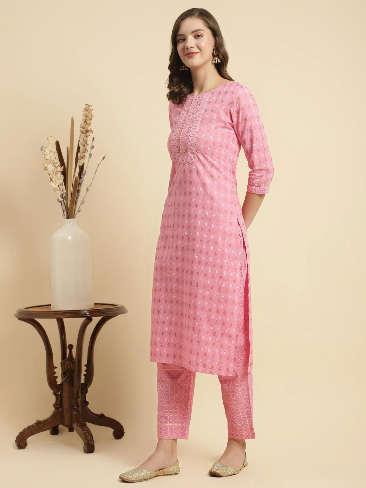 Buy Cotton Printed Calf Length Straight Kurta With Pant-Pink