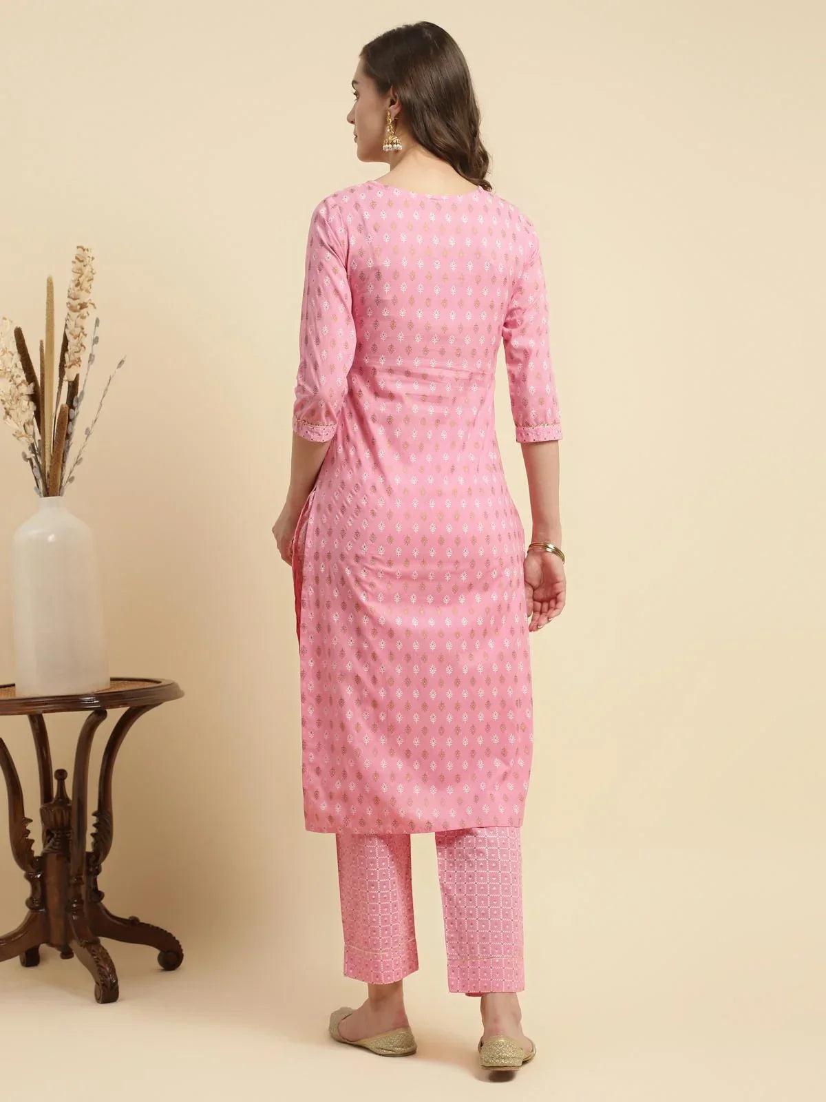 Buy Cotton Printed Calf Length Straight Kurta With Pant-Pink