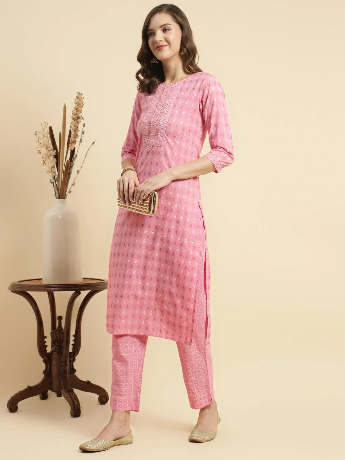 Buy Cotton Printed Calf Length Straight Kurta With Pant-Pink