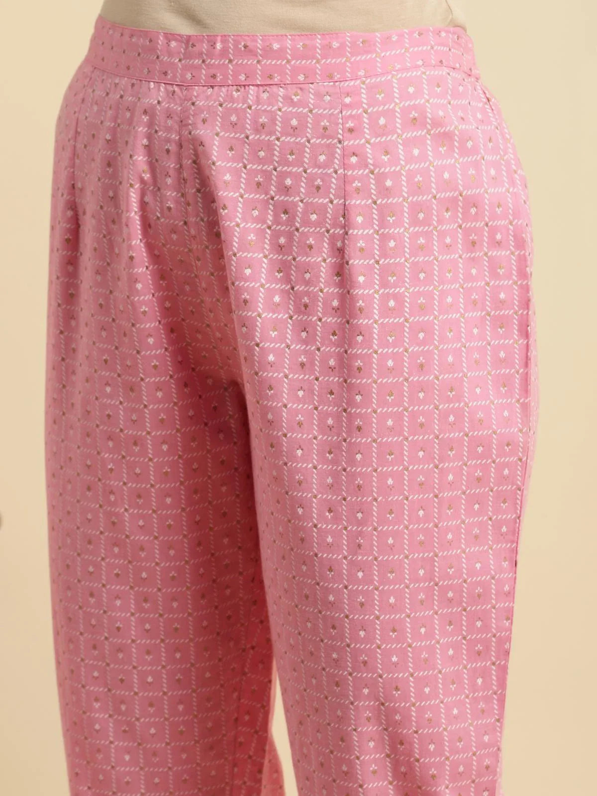 Buy Cotton Printed Calf Length Straight Kurta With Pant-Pink