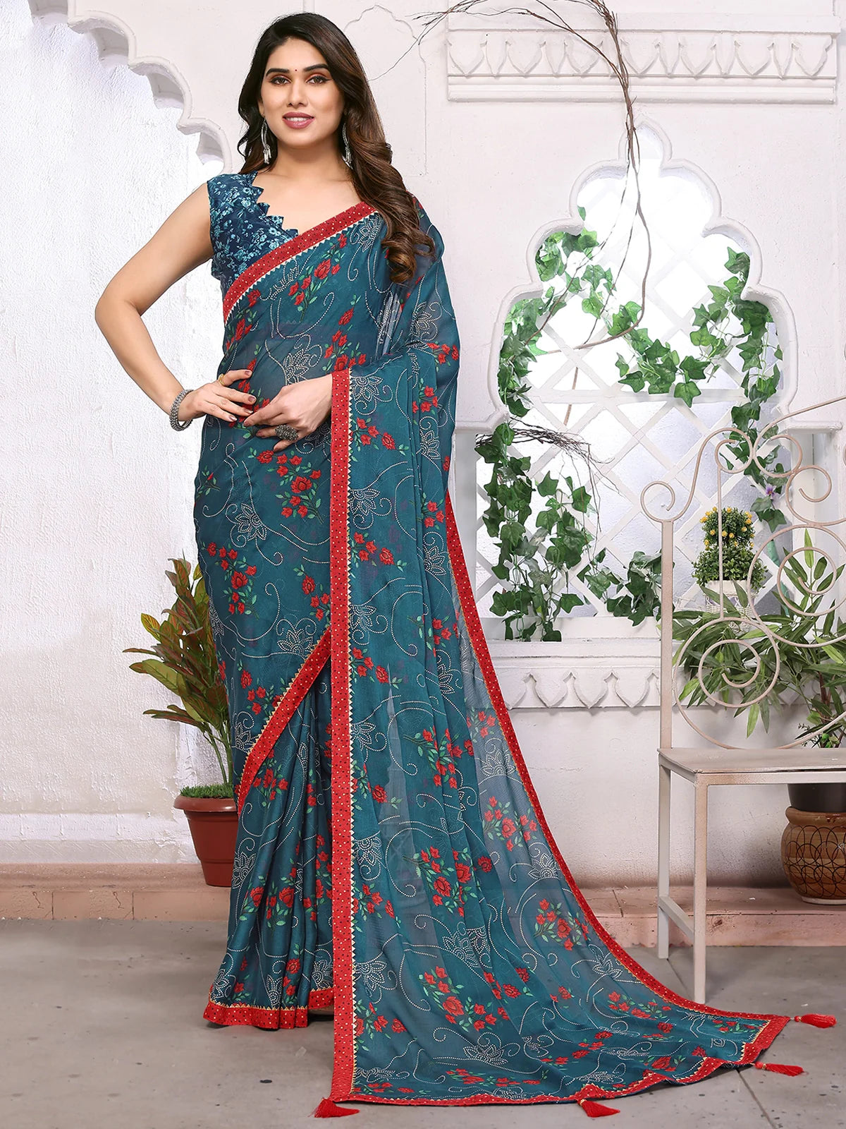 Buy Floral Printed Chiffon Saree With Blouse Piece-Teal