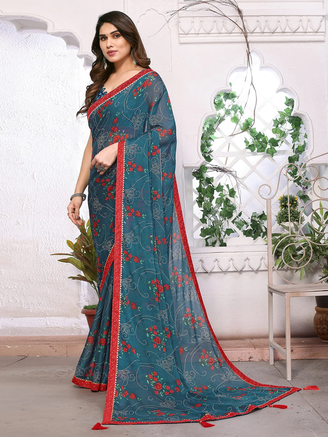 Buy Floral Printed Chiffon Saree With Blouse Piece-Teal