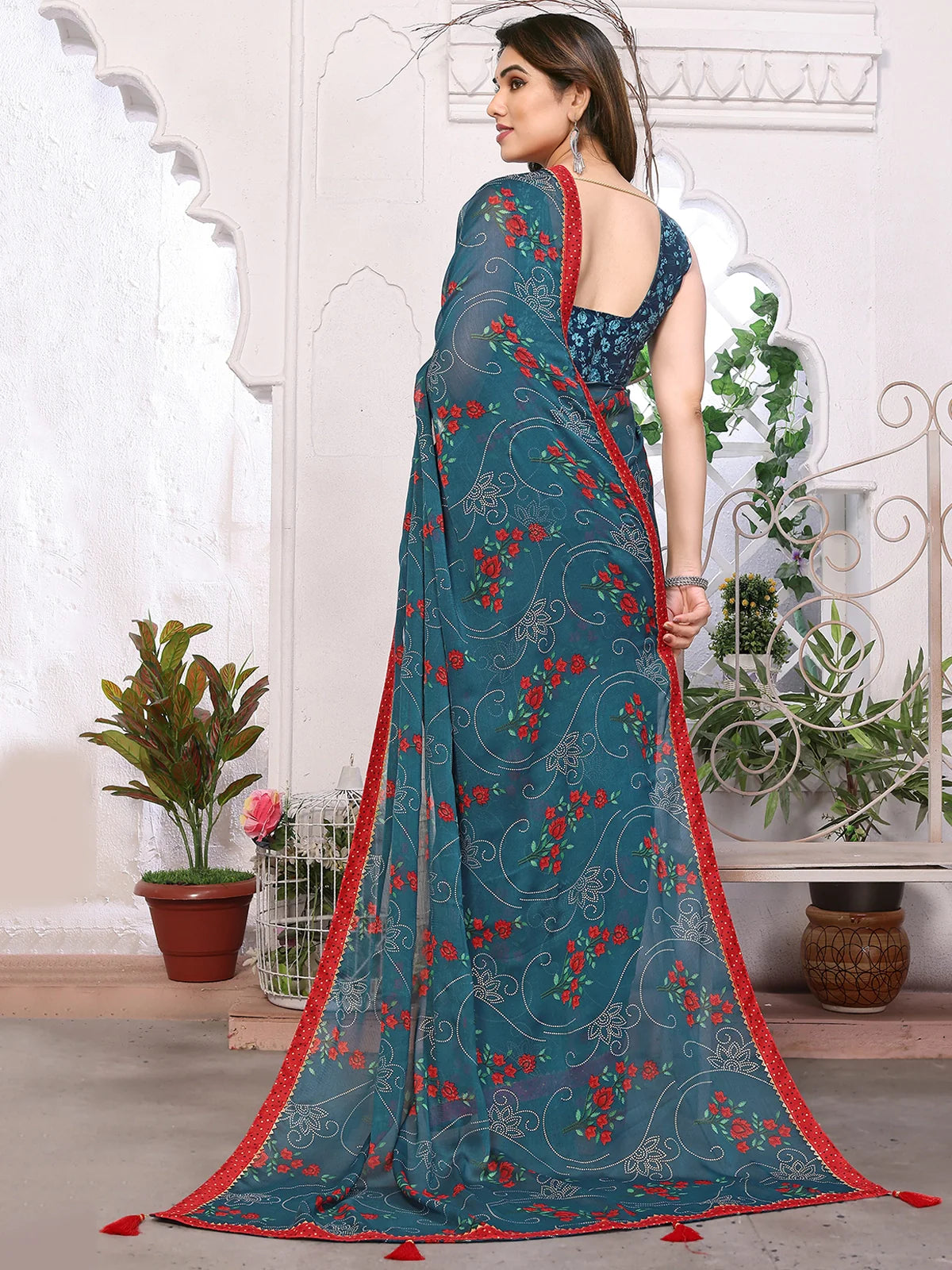 Buy Floral Printed Chiffon Saree With Blouse Piece-Teal