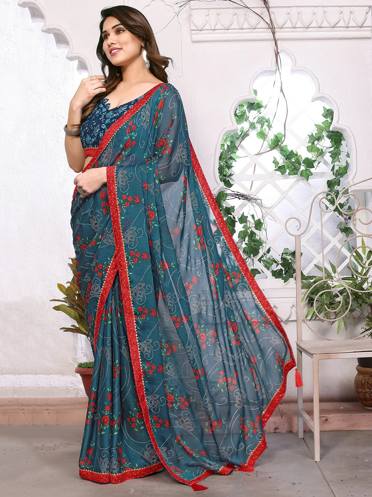 Buy Floral Printed Chiffon Saree With Blouse Piece-Teal