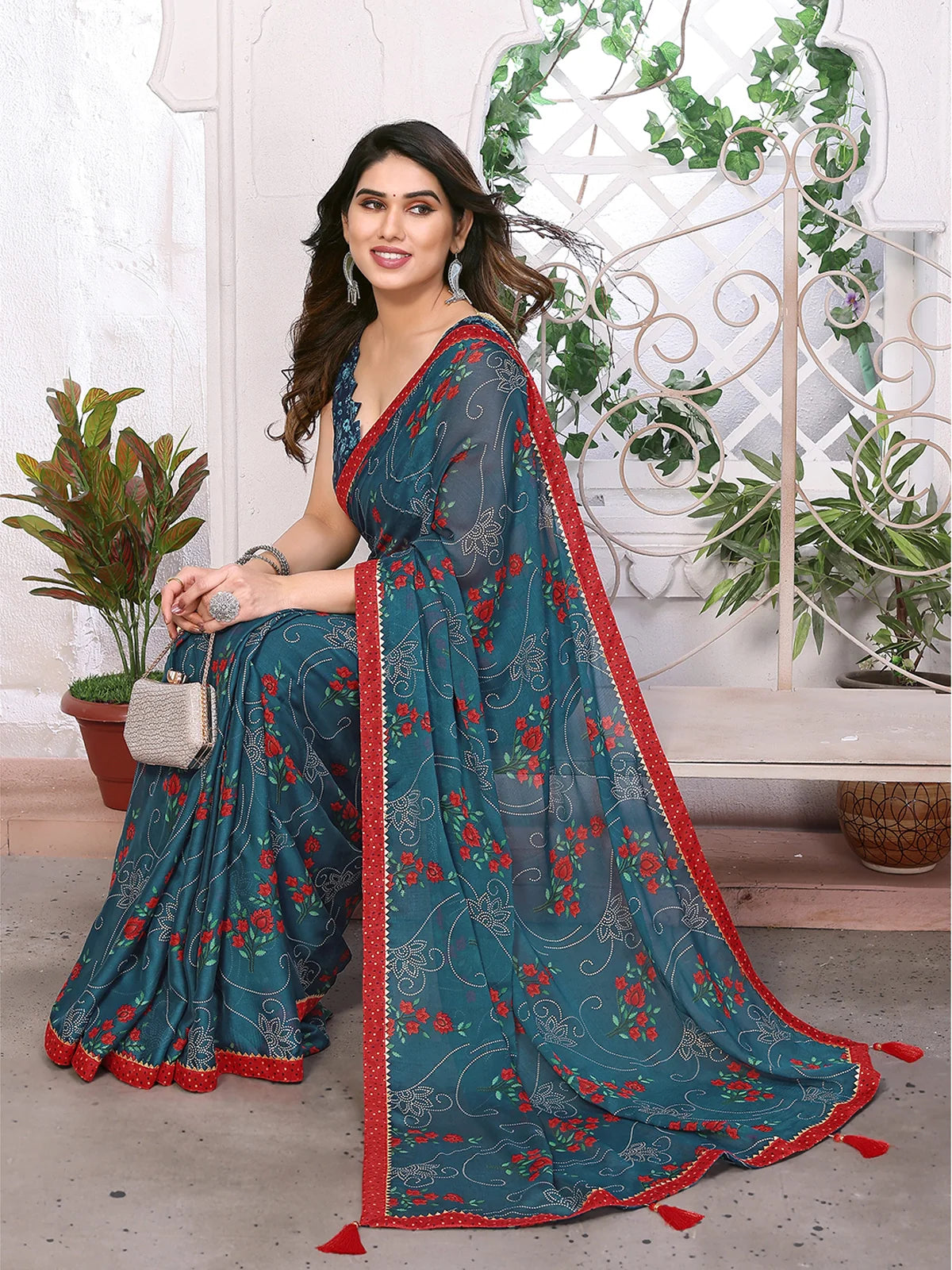 Buy Floral Printed Chiffon Saree With Blouse Piece-Teal