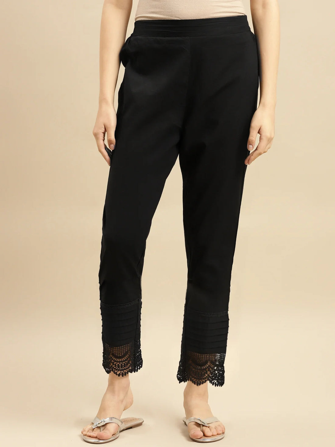 Buy 100% Cotton Solid Calf Length Straight Pant-Black