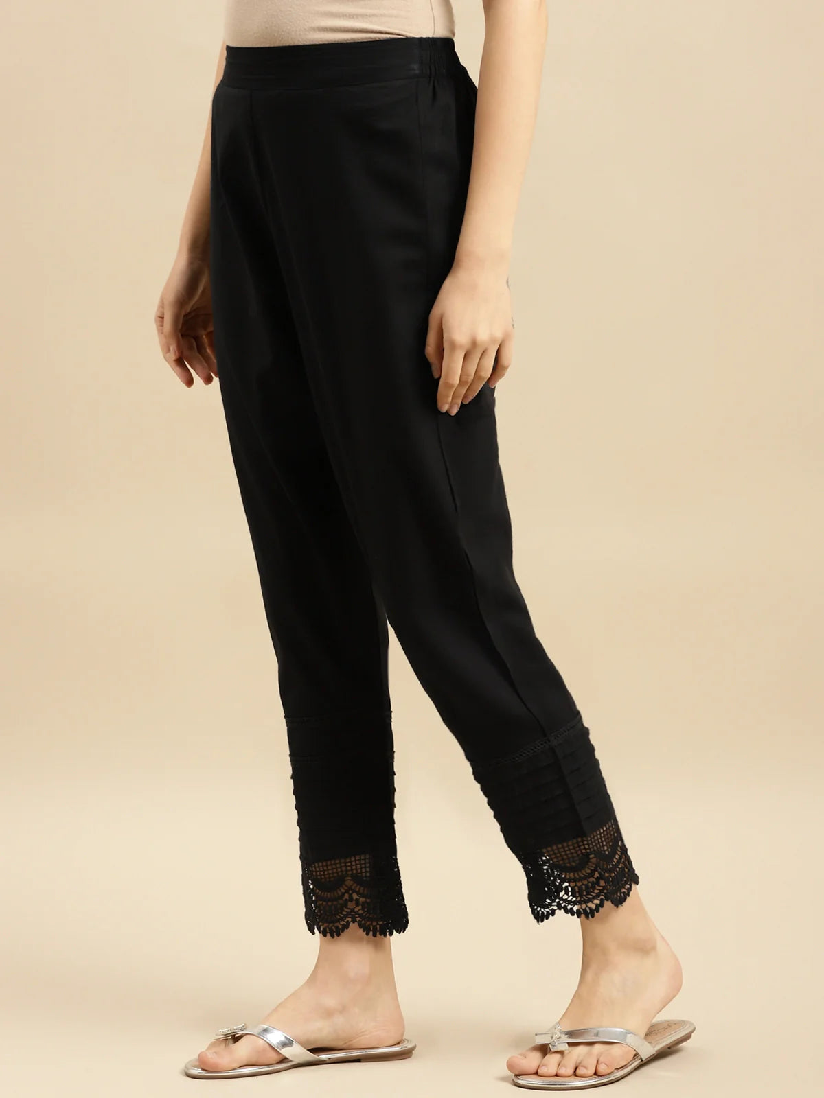 Buy 100% Cotton Solid Calf Length Straight Pant-Black