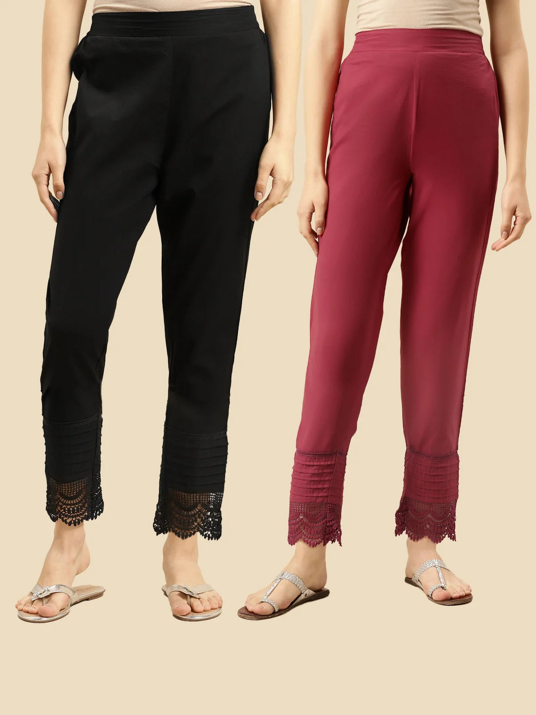 Buy 100% Cotton Solid Calf Length Straight Pants (Pack of 2)-Black & Maroon