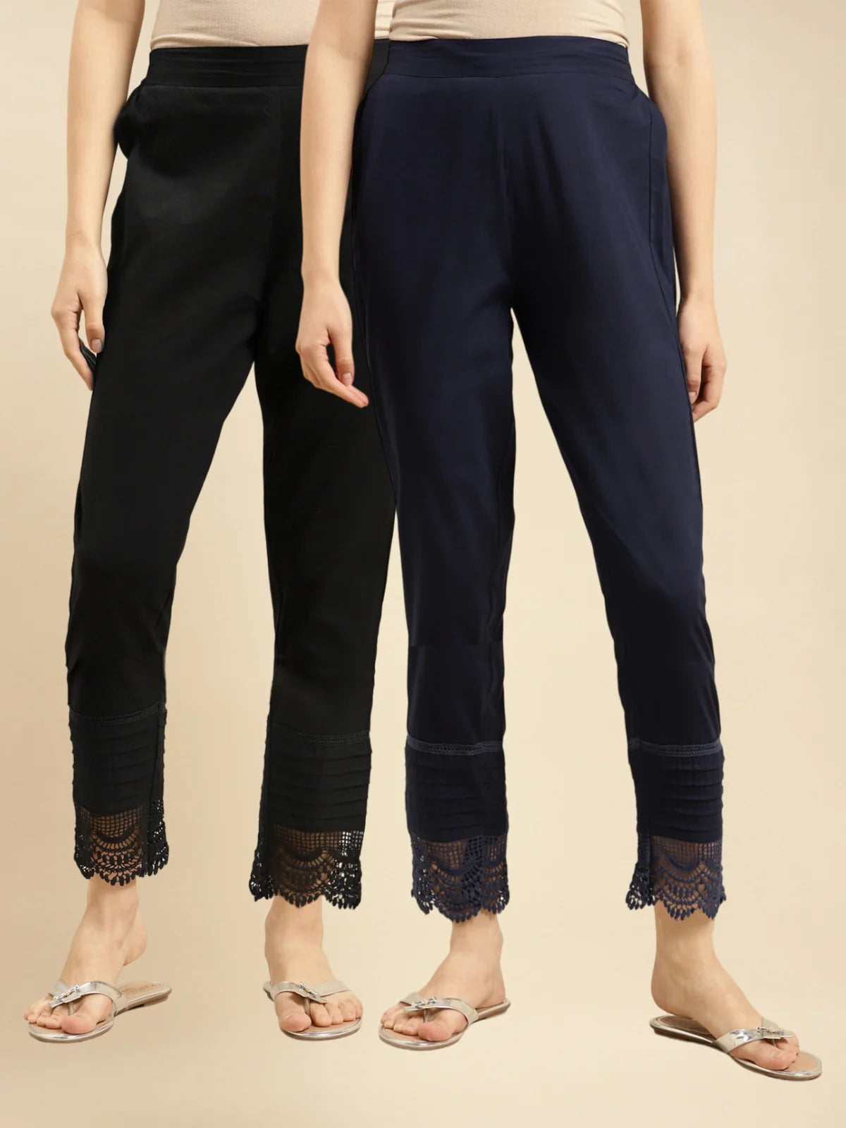 Buy 100% Cotton Solid Calf Length Straight Pants (Pack of 2)-Black & Navy Blue