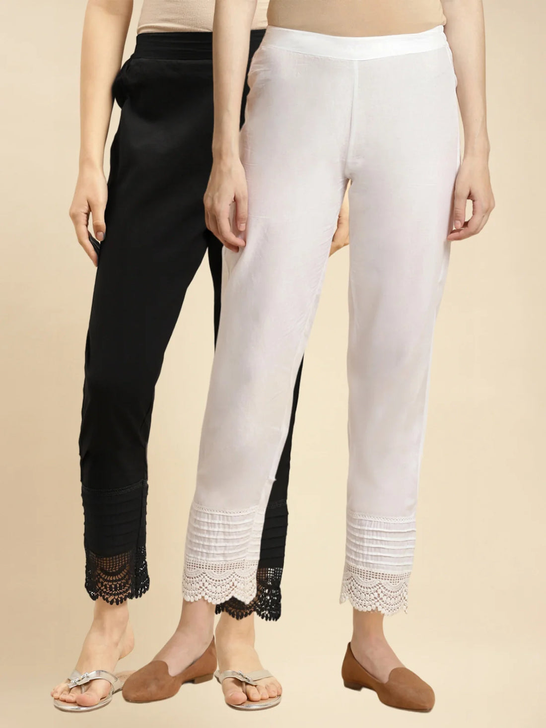 Buy 100% Cotton Solid Calf Length Straight Pants (Pack of 2)-Black & Off White