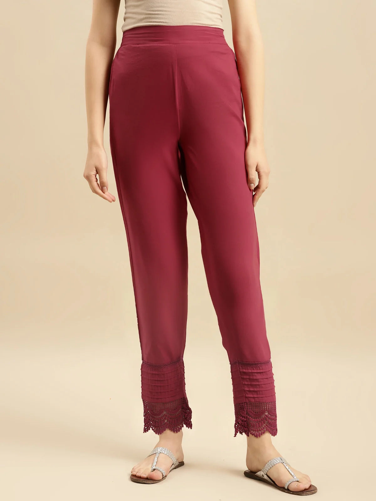 Buy 100% Cotton Solid Calf Length Straight Pant-Maroon