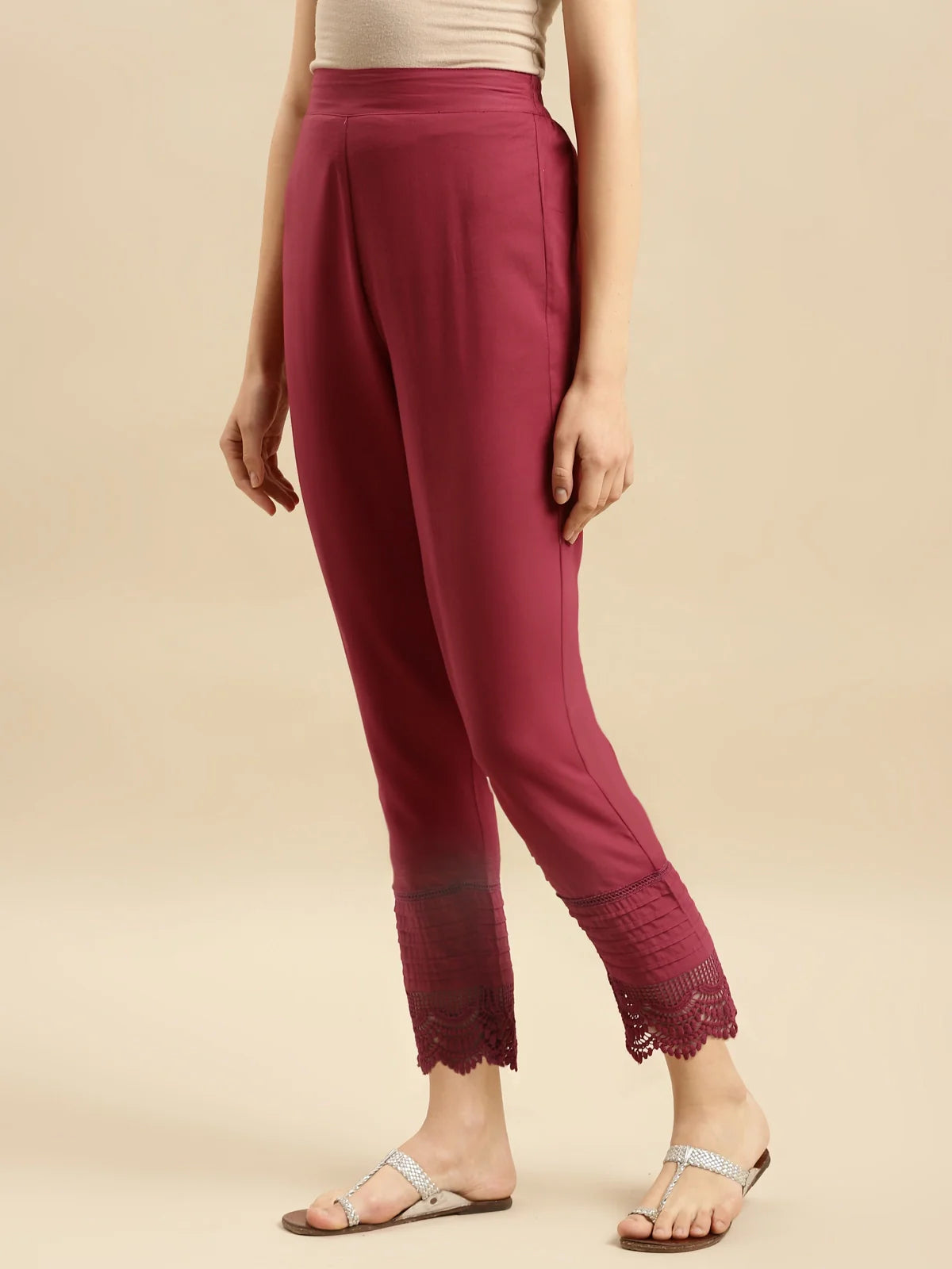 Buy 100% Cotton Solid Calf Length Straight Pant-Maroon