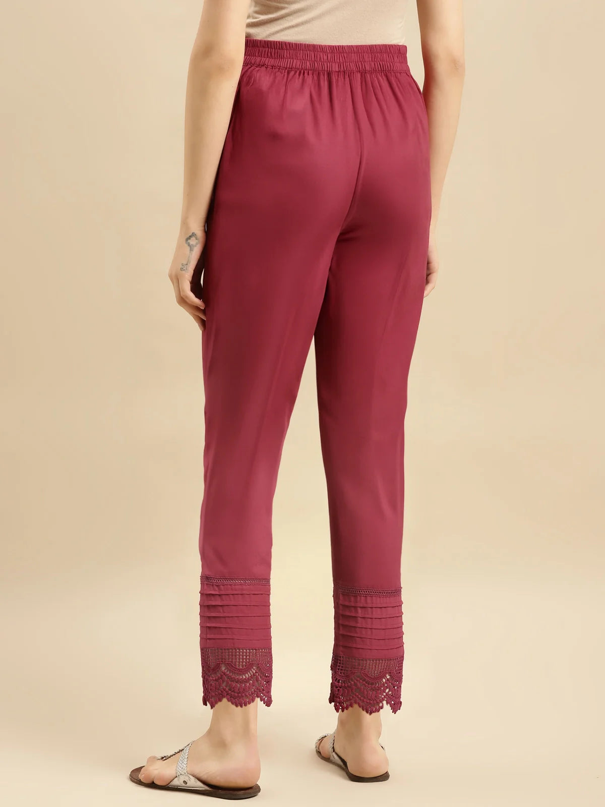 Buy 100% Cotton Solid Calf Length Straight Pant-Maroon