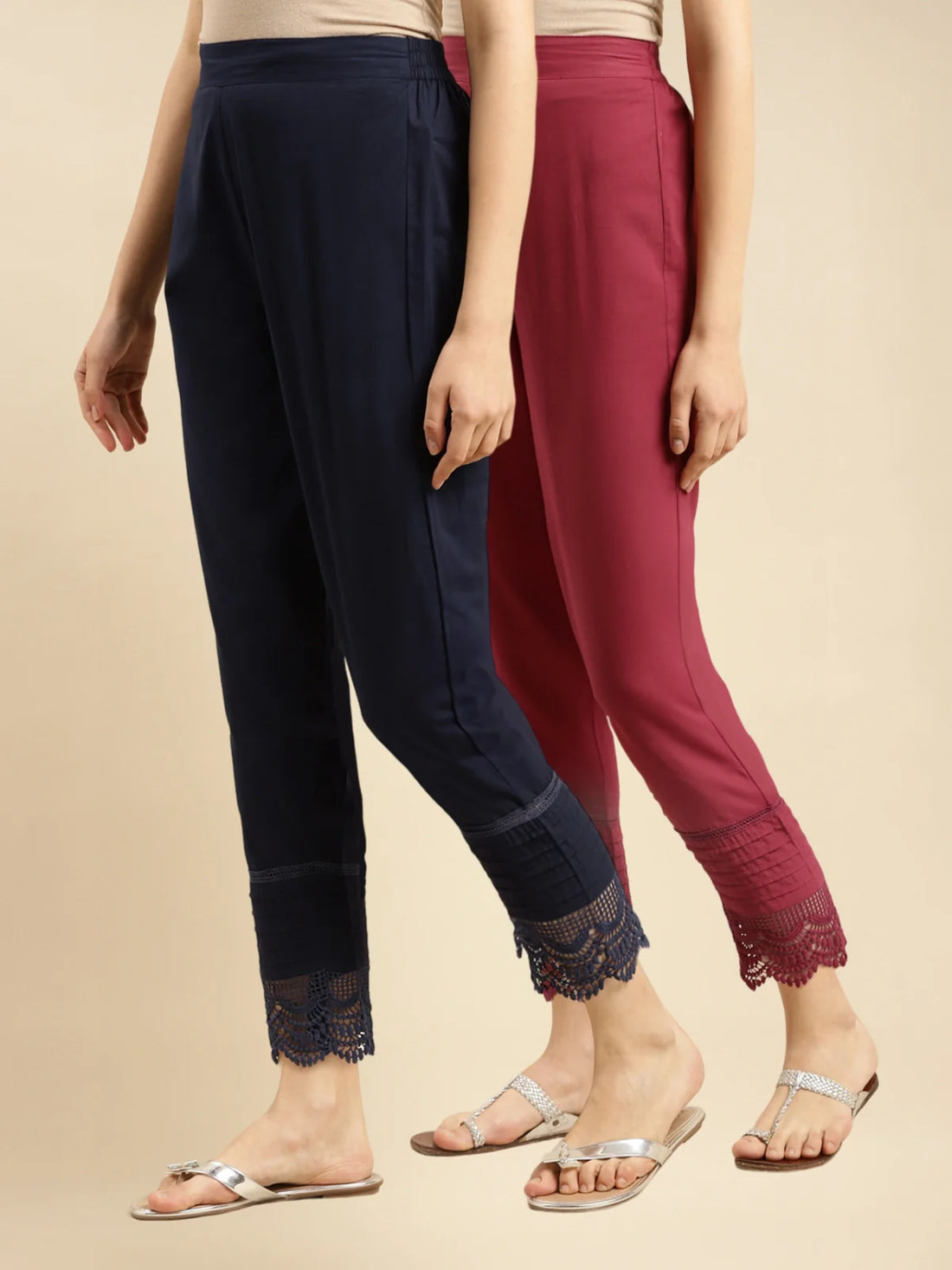 Buy 100% Cotton Solid Calf Length Straight Pants (Pack of 2)-Maroon & Navy Blue