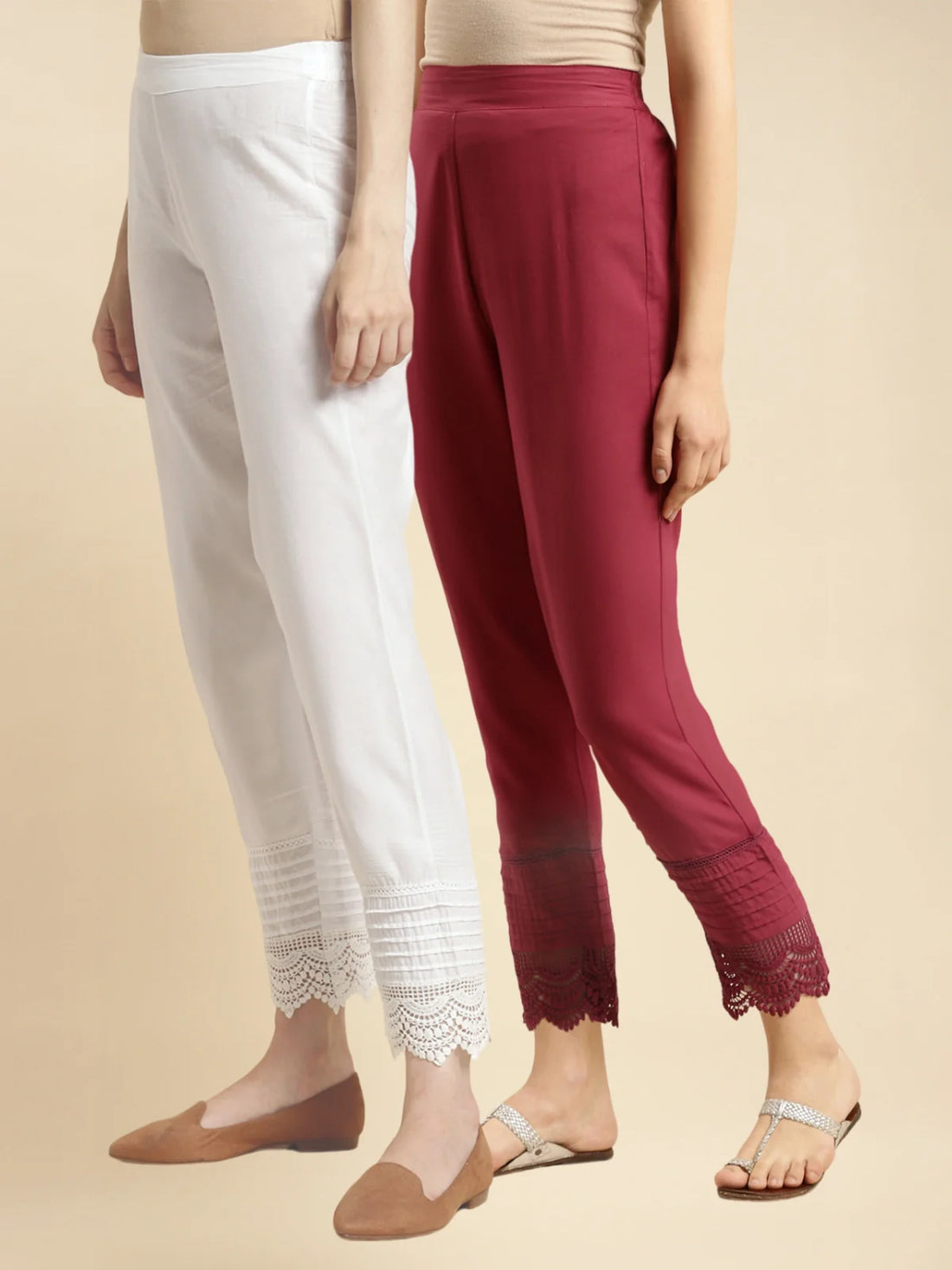 Buy 100% Cotton Solid Calf Length Straight Pants (Pack of 2)-Maroon & Off White