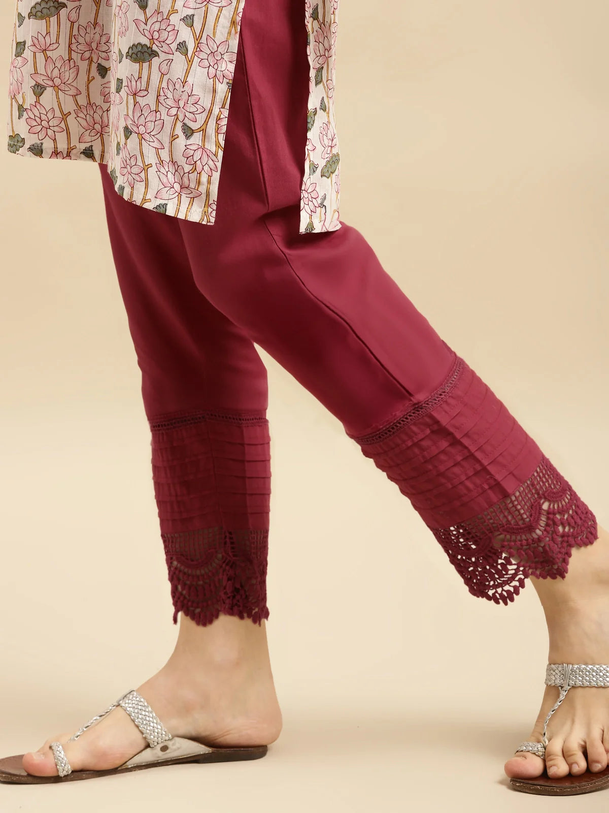 Buy 100% Cotton Solid Calf Length Straight Pant-Maroon