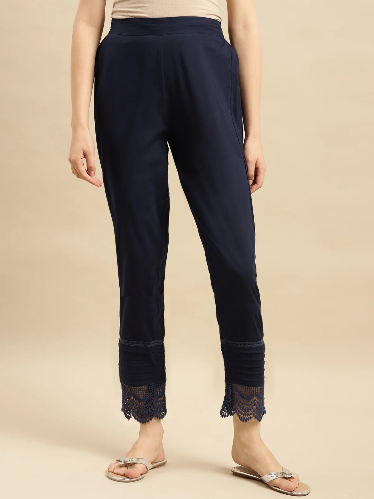 Buy 100% Cotton Solid Calf Length Straight Pant-Navy Blue