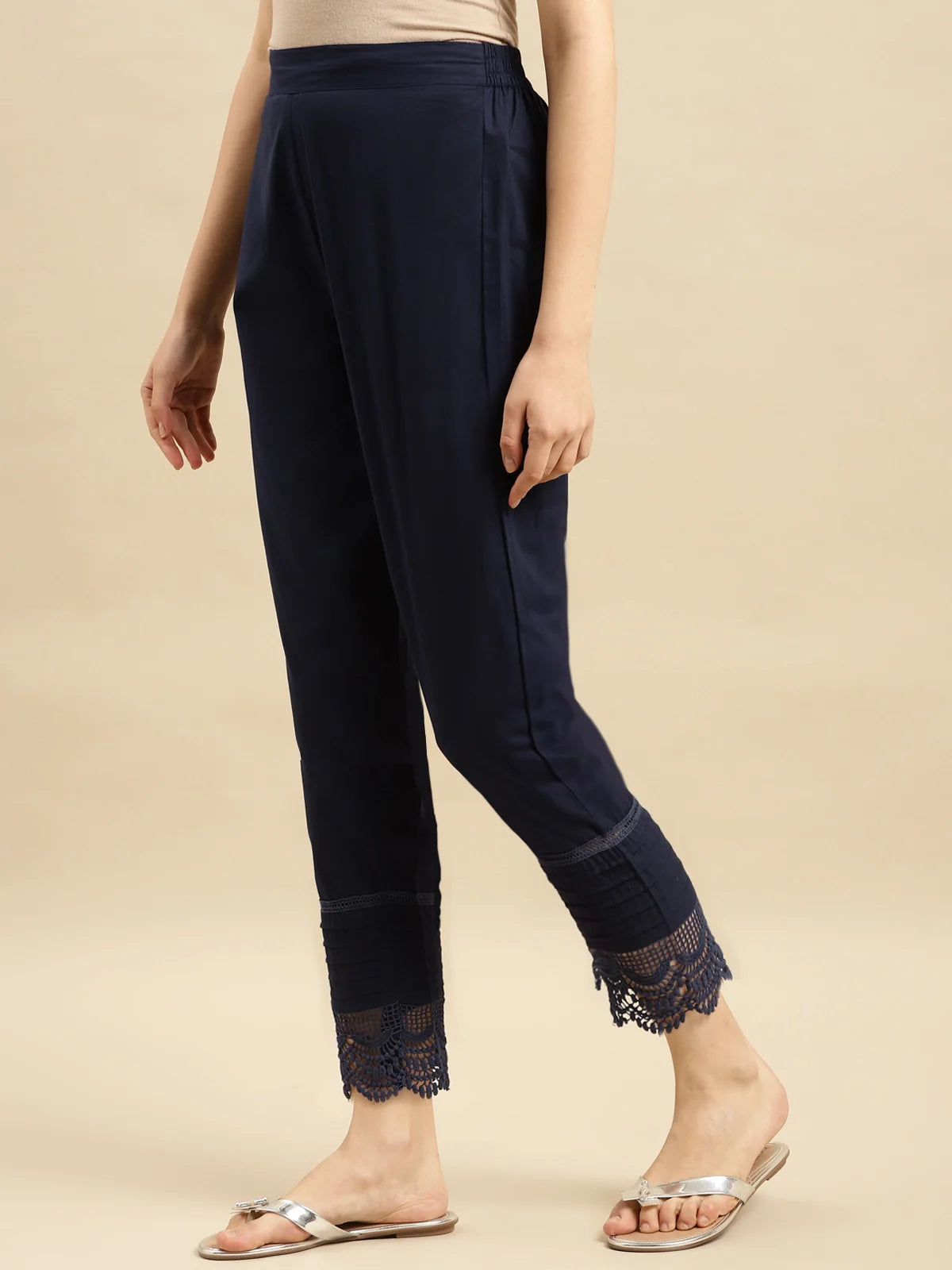 Buy 100% Cotton Solid Calf Length Straight Pant-Navy Blue