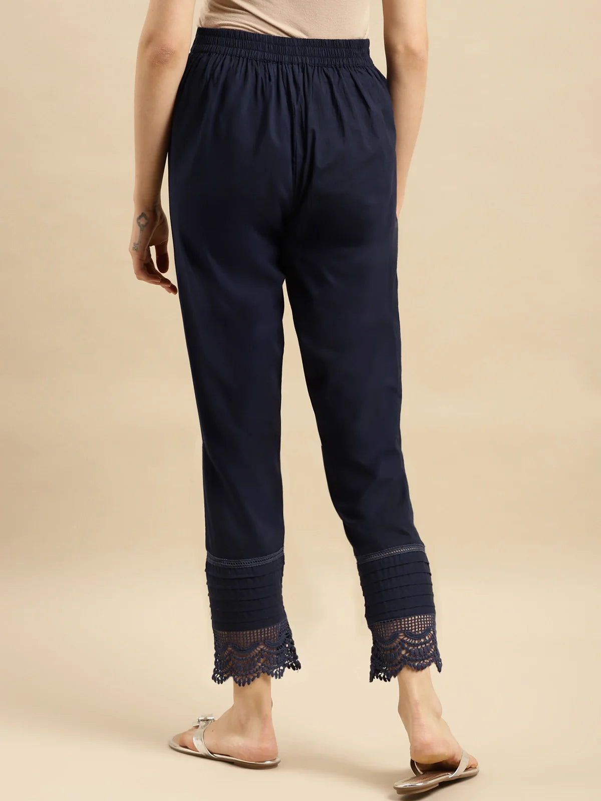 Buy 100% Cotton Solid Calf Length Straight Pant-Navy Blue