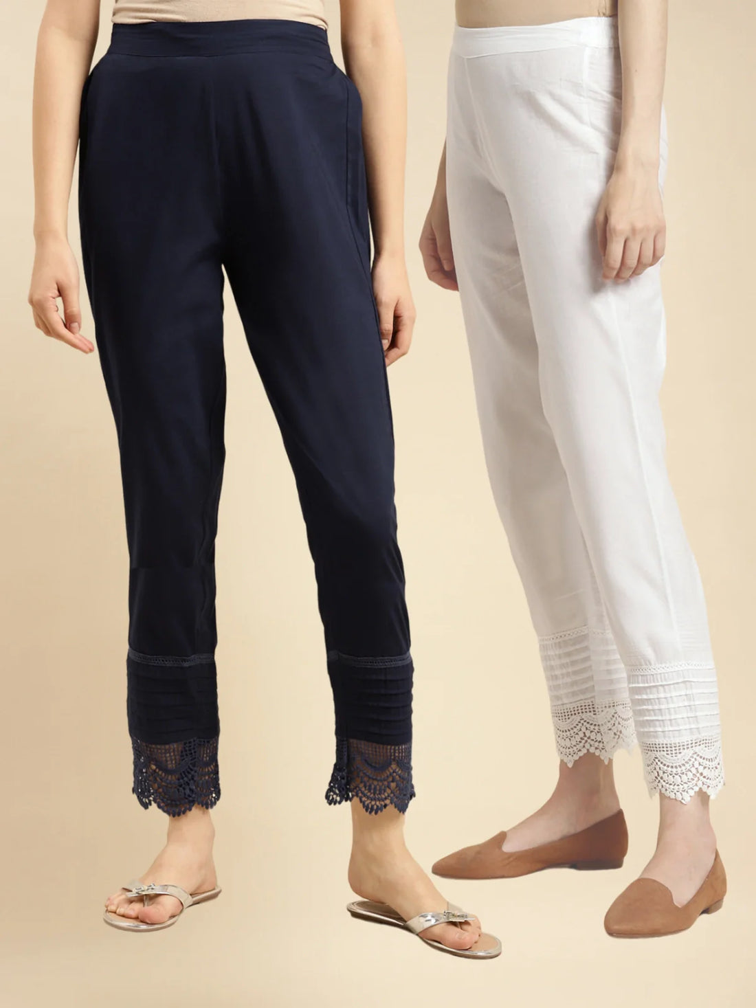 Buy 100% Cotton Solid Calf Length Straight Pants (Pack of 2)-Navy Blue & Off White