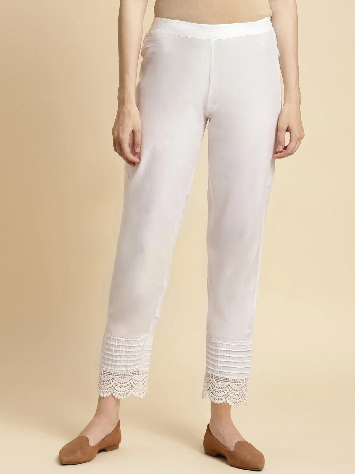 Buy 100% Cotton Solid Calf Length Straight Pant-Off White