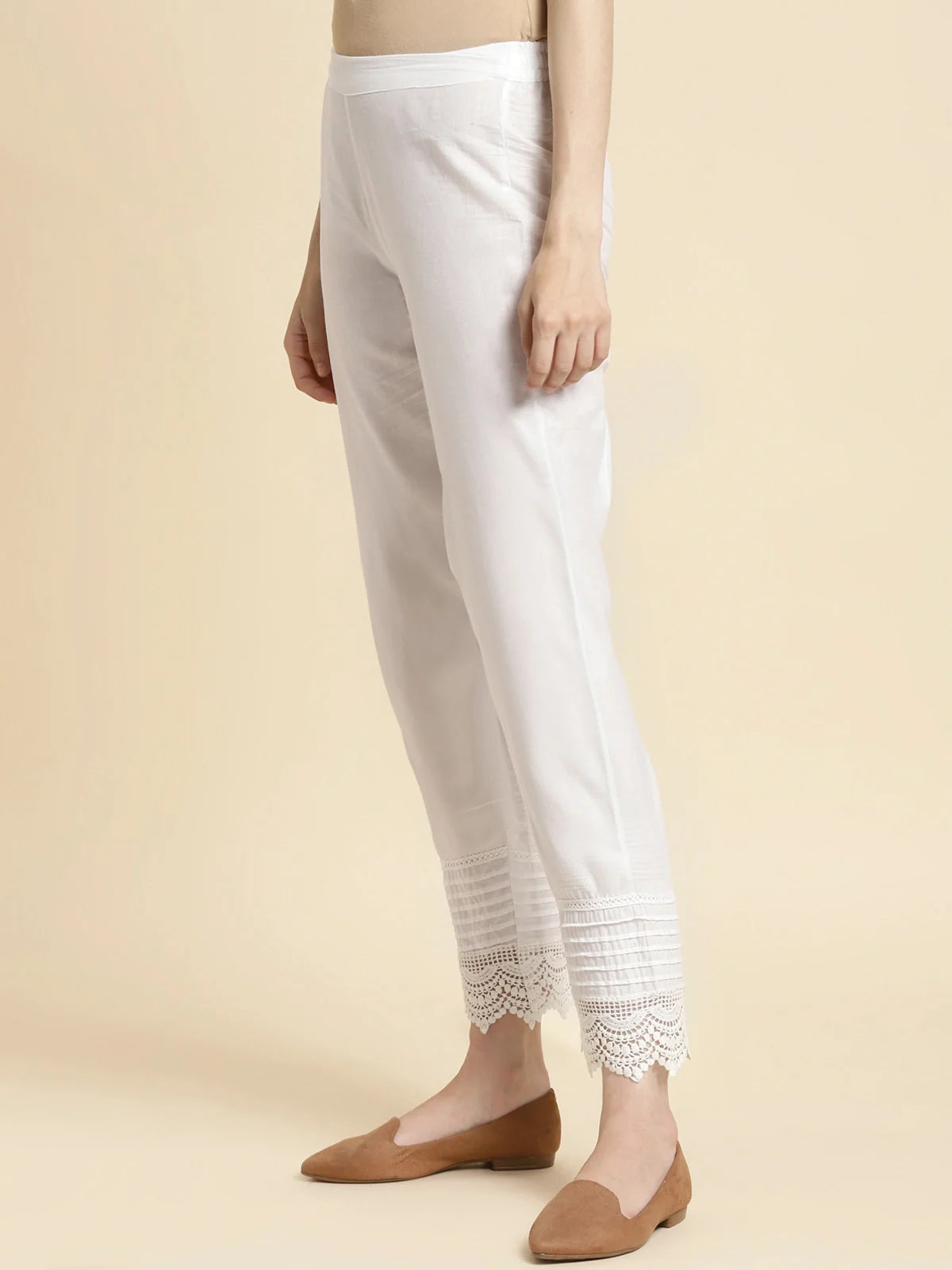 Buy 100% Cotton Solid Calf Length Straight Pant-Off White