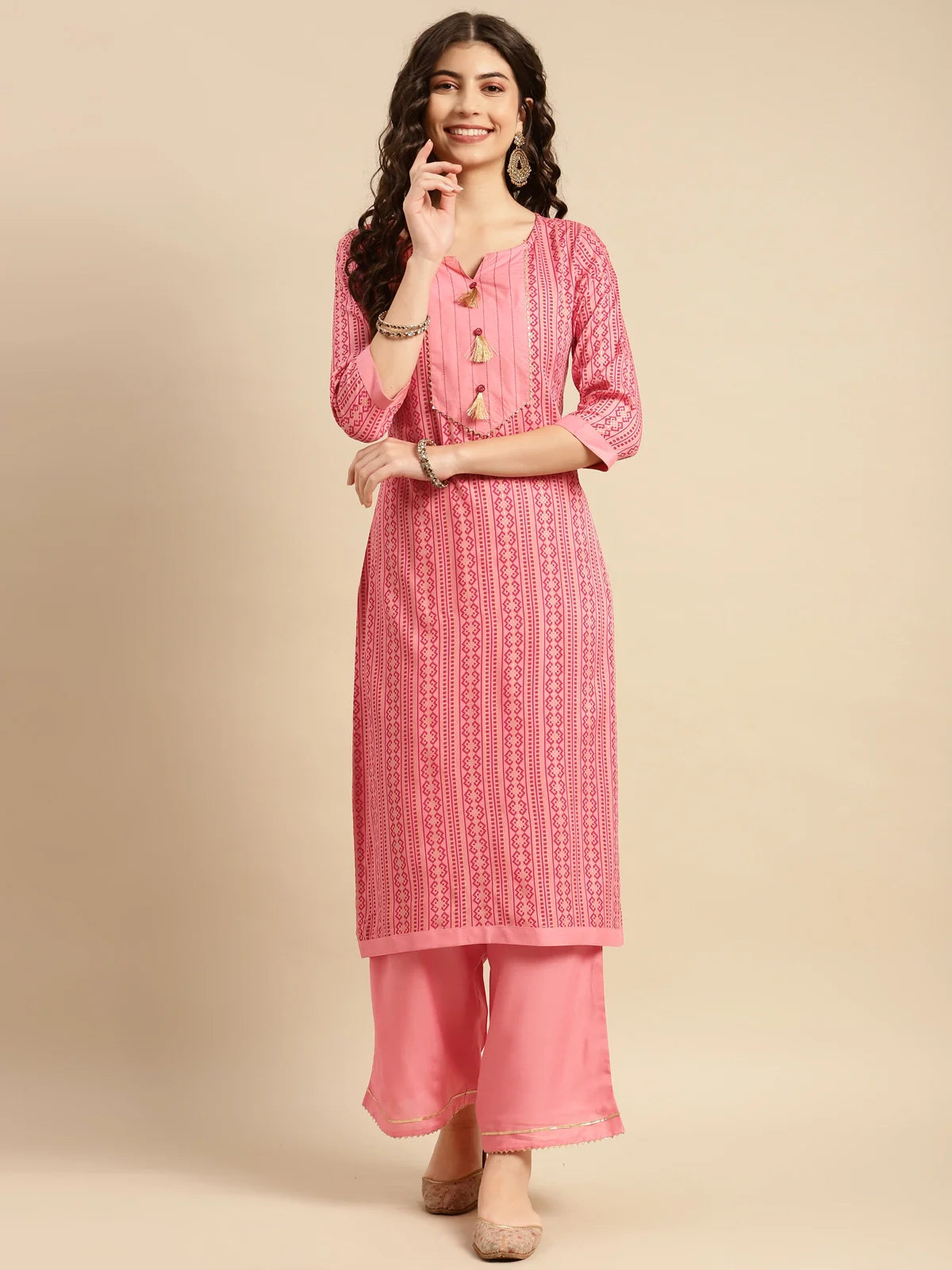 Buy Rayon Ethnic Motif Calf Length Straight Kurta With Palazzo-Peach