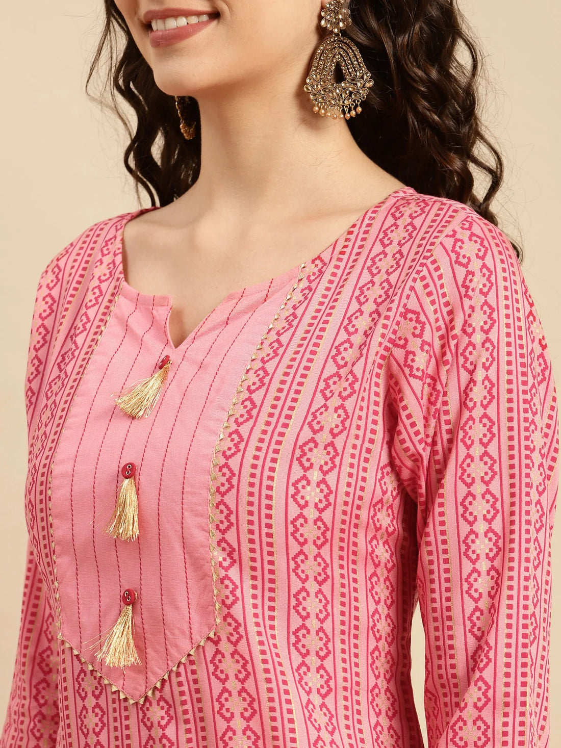 Buy Rayon Ethnic Motif Calf Length Straight Kurta With Palazzo-Peach