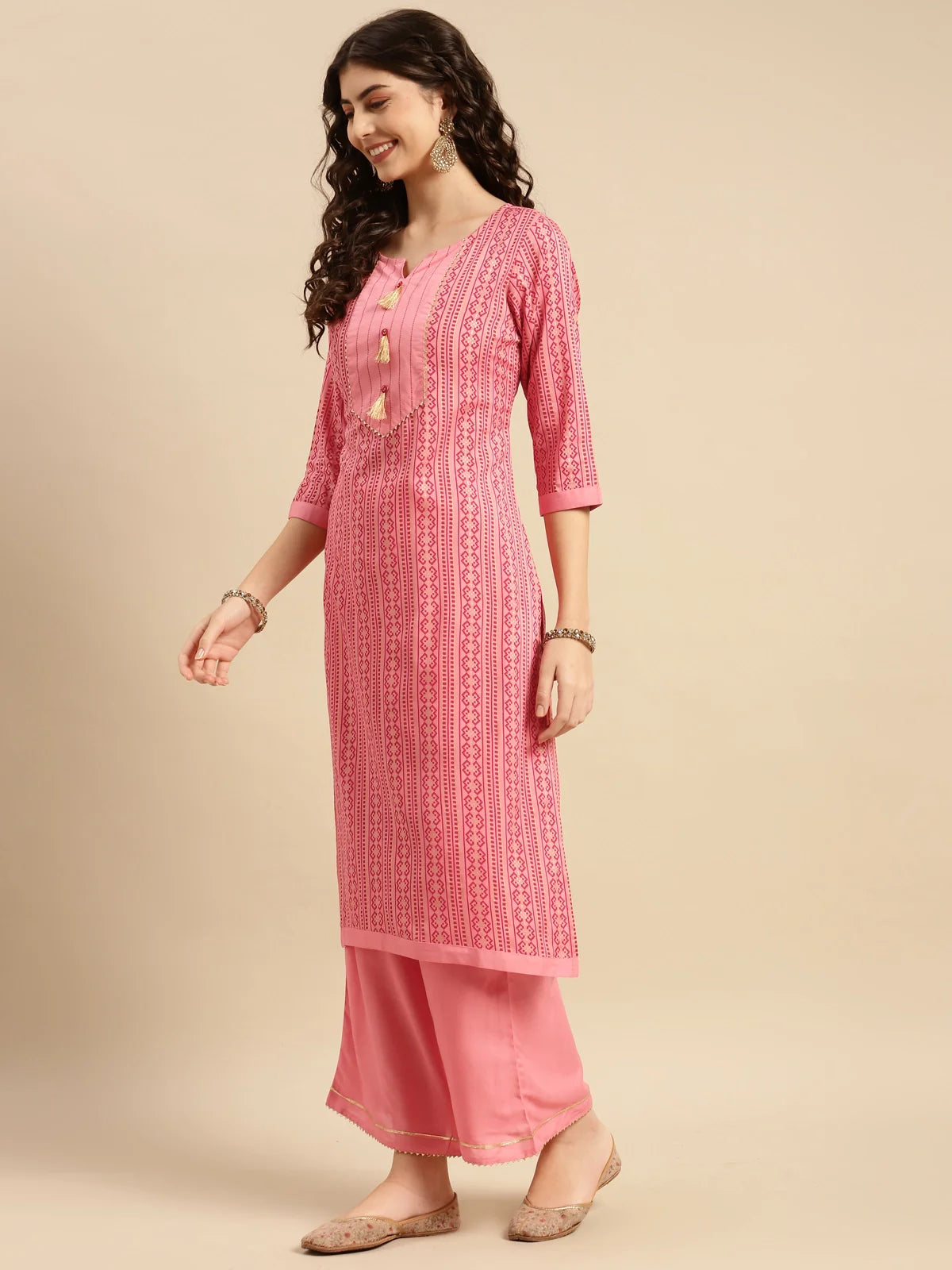 Buy Rayon Ethnic Motif Calf Length Straight Kurta With Palazzo-Peach