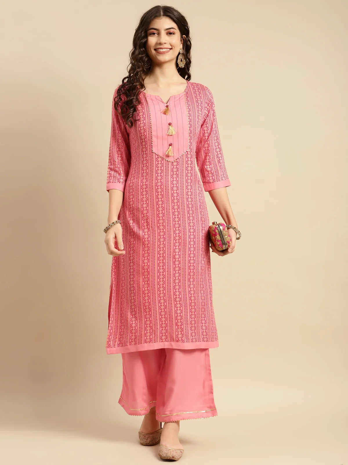 Buy Rayon Ethnic Motif Calf Length Straight Kurta With Palazzo-Peach